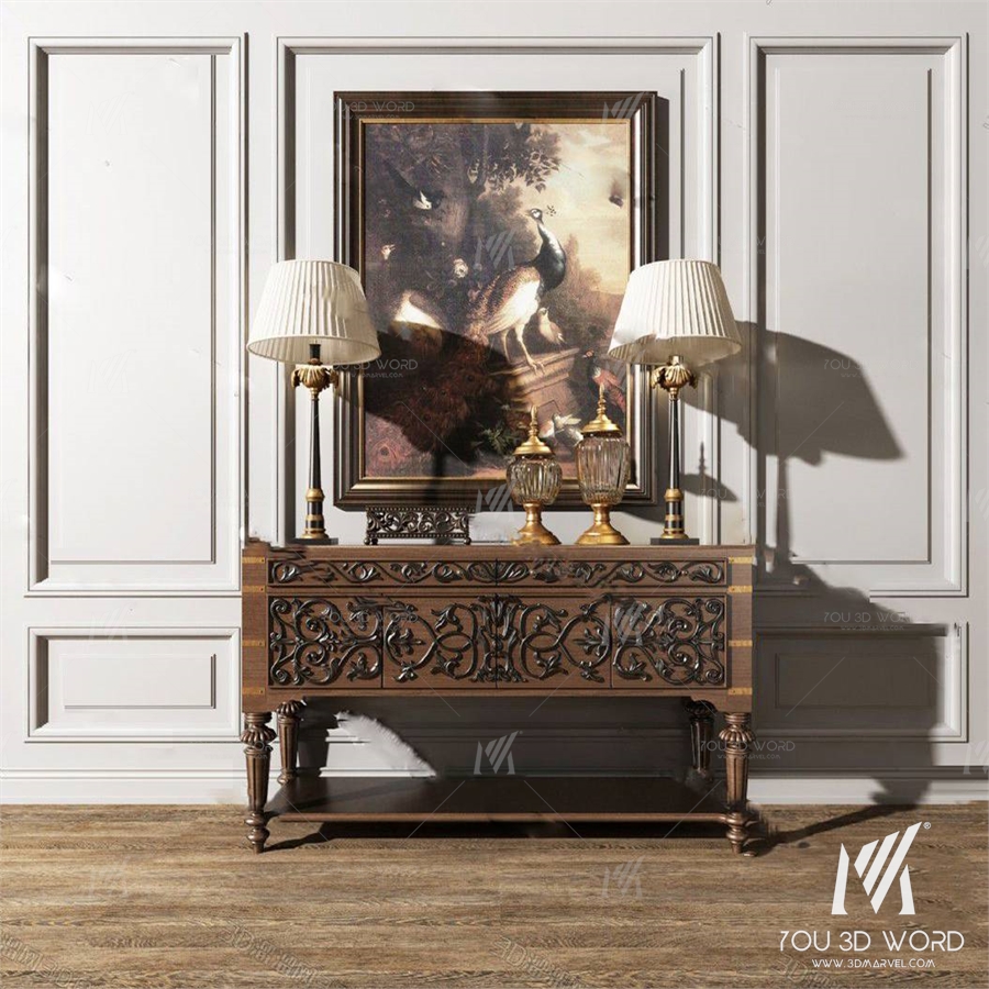 European style solid wood end view cabinet 3D model